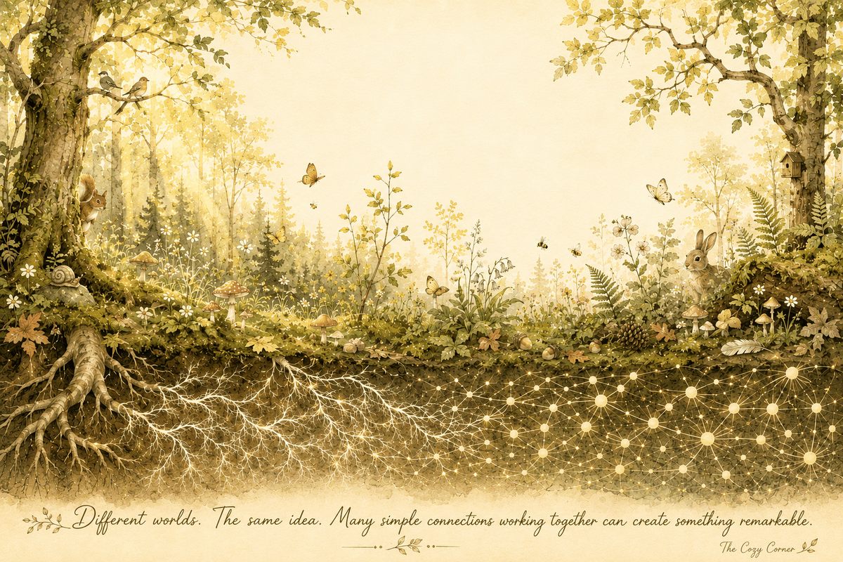 Illustration of a forest above ground and a glowing root network below, symbolizing how simple connections create complex systems