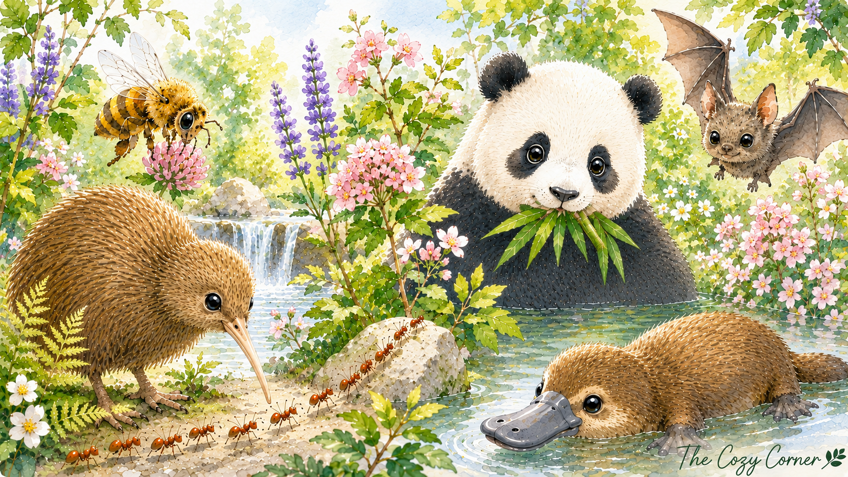 A watercolor illustration of a kiwi, honey bee, giant panda, bat, trail of fire ants, and platypus gathered around a garden pond