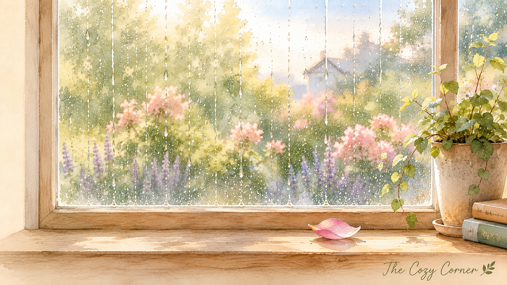 A rainy window with a garden view, a pink petal, and a small plant on the windowsill, illustrated in soft watercolor style